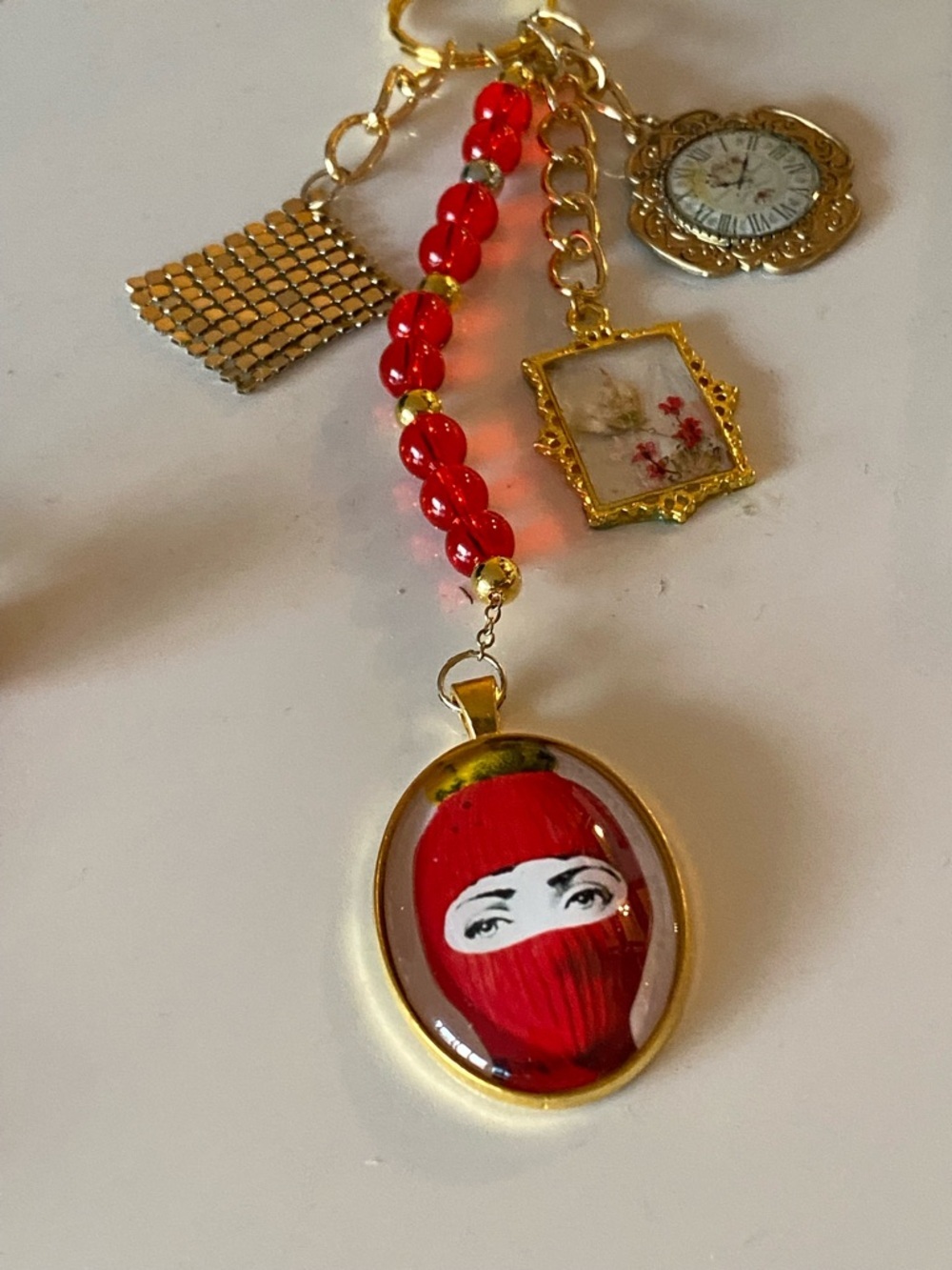 BAG CHARM PURSE ACCESSORIE FORNASETTI SKI MASK FLORAL FRAME CLOCK GOLDEN TONE - Picture 4 of 7